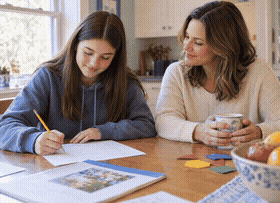 A teen writing while a parent nods beside them