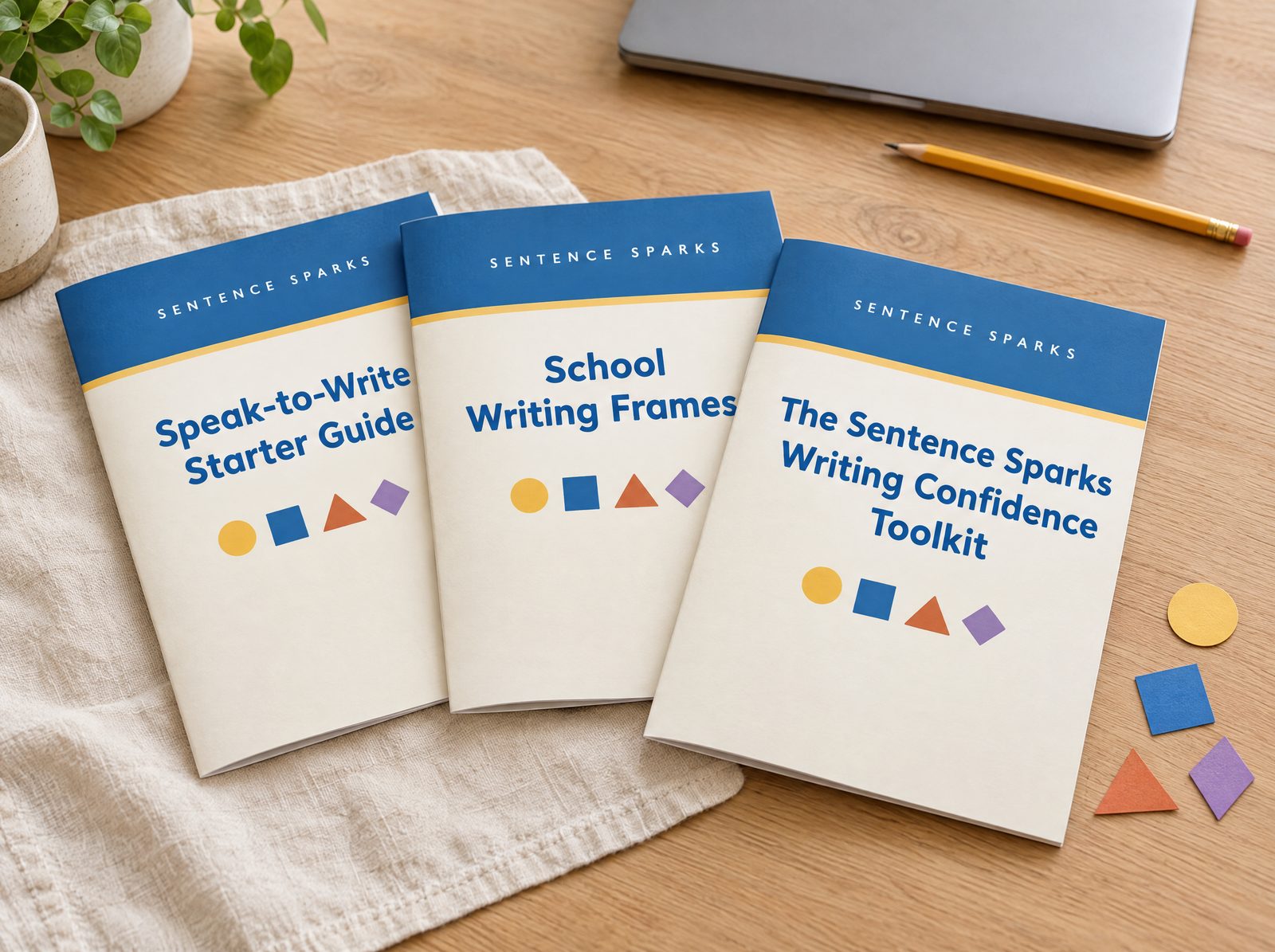The Sentence Sparks Writing Confidence Toolkit and three add-on booklets on a table