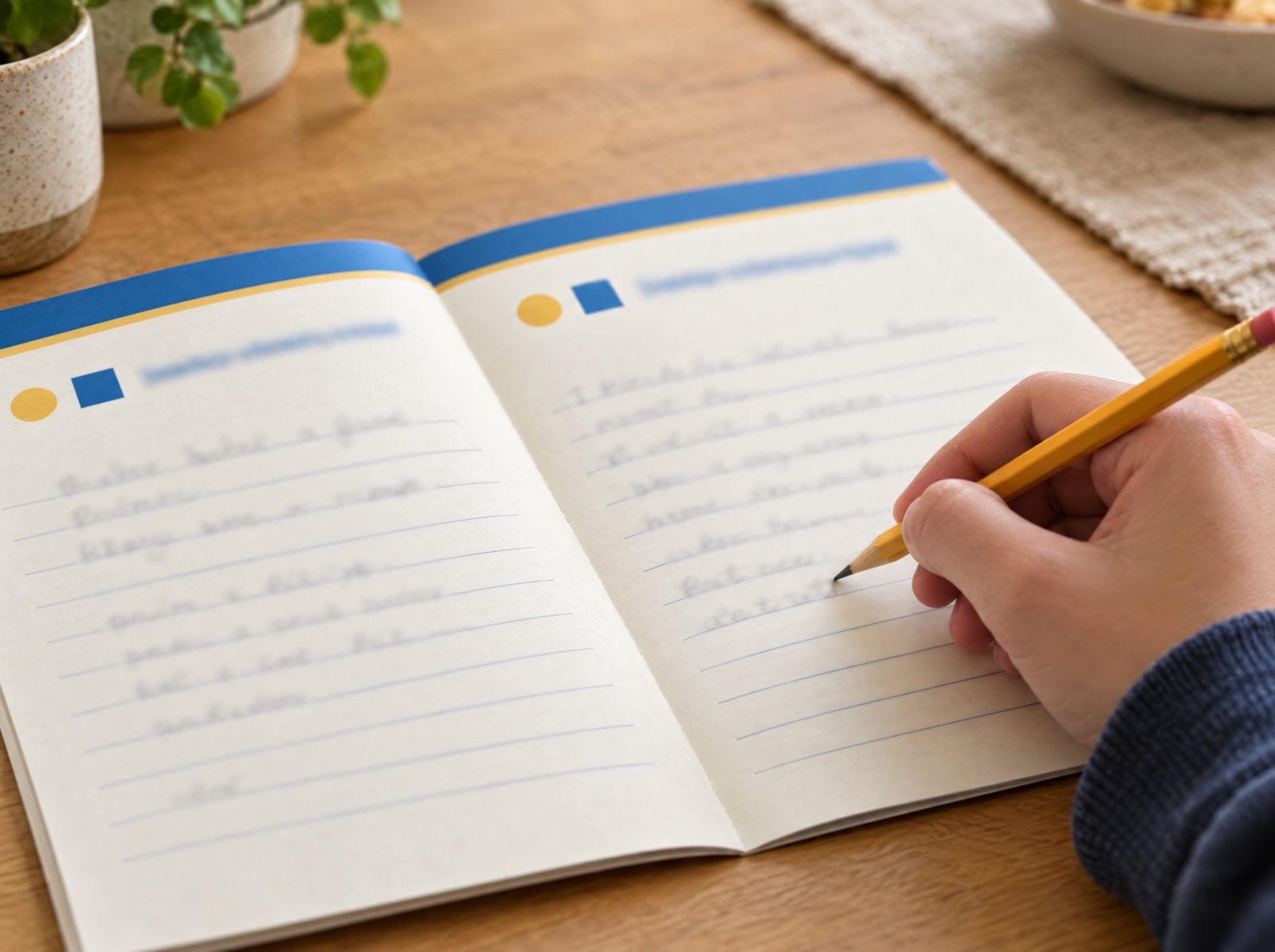 A lesson spread with wide writing lines and a pencil