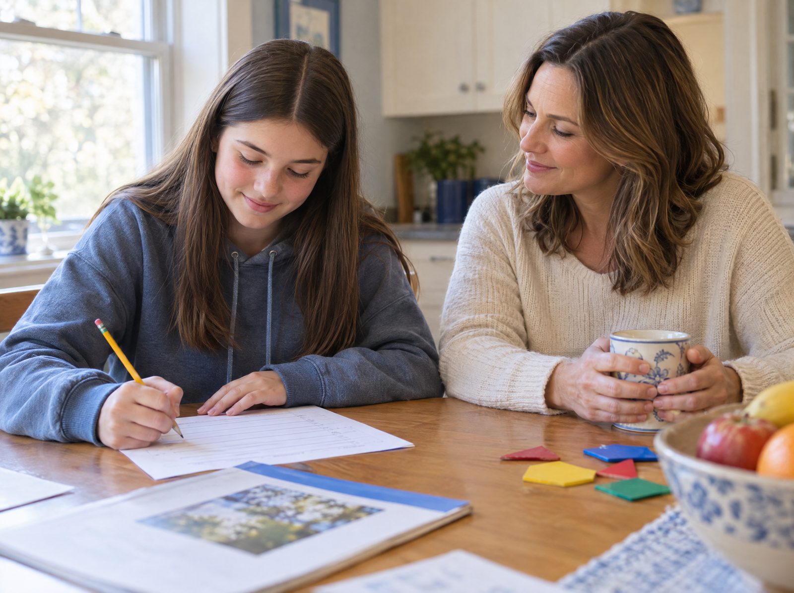 A teen writing at a kitchen table with a parent sitting beside them