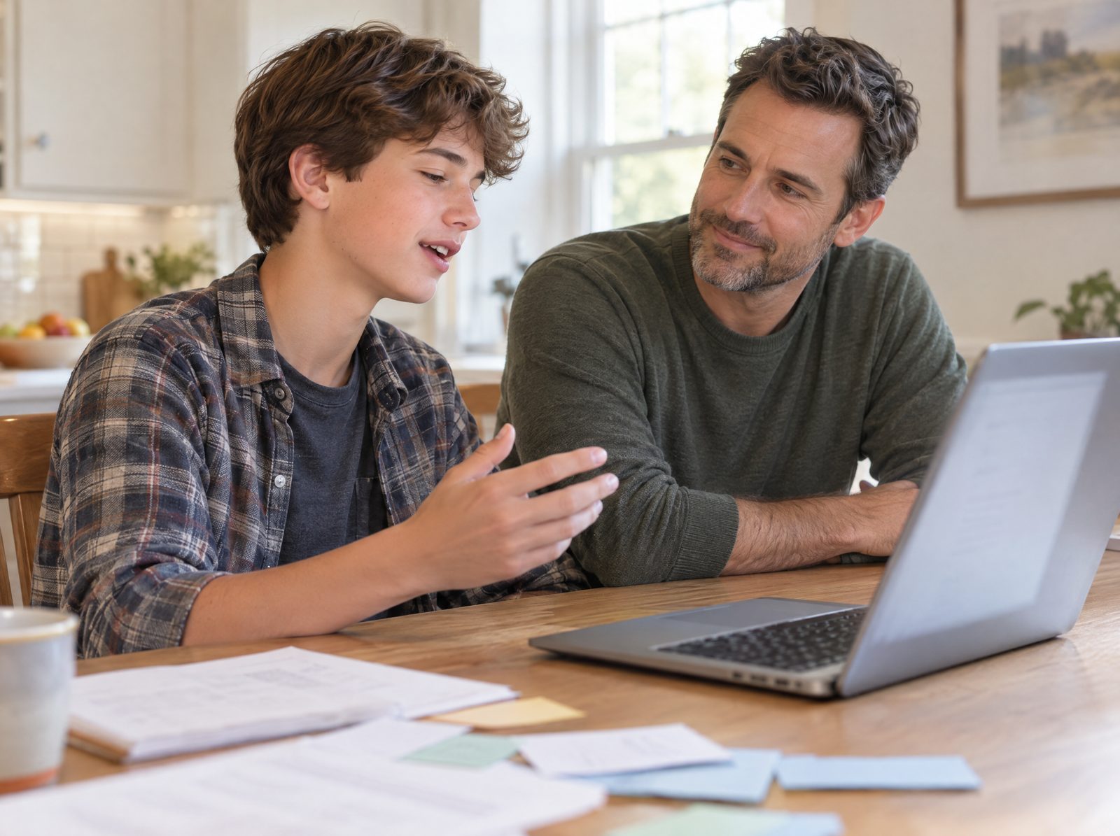 A teen talking an idea out while a parent listens at the table