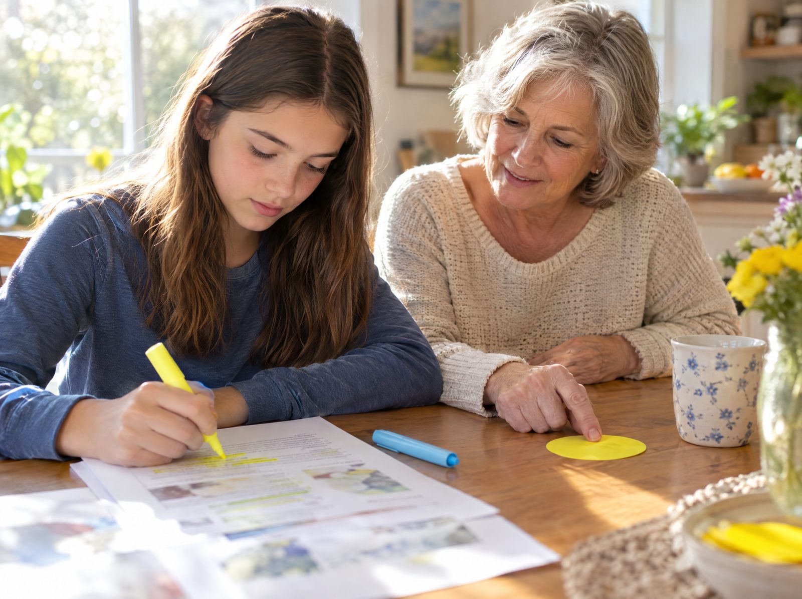 A teen highlighting a printed page while a grandmother helps